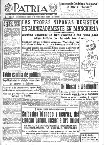 'Patria  : diario de Falange Española Tradicionalista y de las J.O.N.S.' - Año X Número 2709 2ª ed. - 1945 Agosto 18
