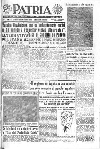 'Patria  : diario de Falange Española Tradicionalista y de las J.O.N.S.' - Año X Número 2711  - 1945 Agosto 21