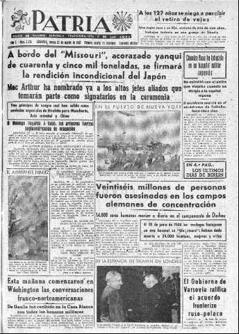 'Patria  : diario de Falange Española Tradicionalista y de las J.O.N.S.' - Año X Número 2713 2ª ed. - 1945 Agosto 23