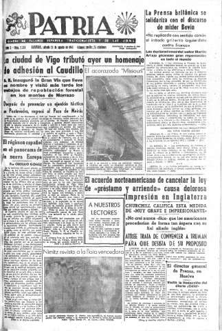 'Patria  : diario de Falange Española Tradicionalista y de las J.O.N.S.' - Año X Número 2715  - 1945 Agosto 25