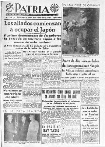 'Patria  : diario de Falange Española Tradicionalista y de las J.O.N.S.' - Año X Número 2717 2ª ed. - 1945 Agosto 28