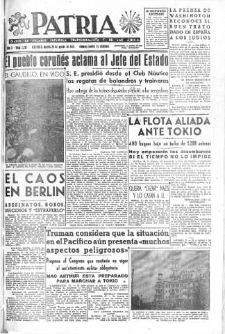 'Patria  : diario de Falange Española Tradicionalista y de las J.O.N.S.' - Año X Número 2717  - 1945 Agosto 28