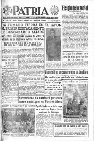 'Patria  : diario de Falange Española Tradicionalista y de las J.O.N.S.' - Año X Número 2718  - 1945 Agosto 29
