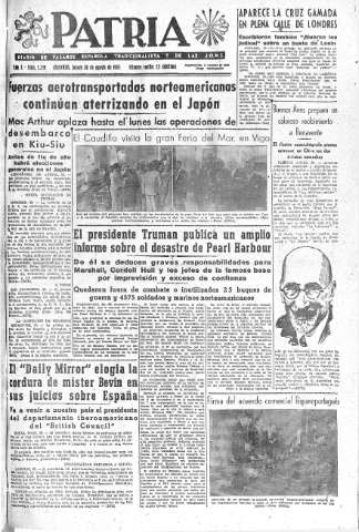 'Patria  : diario de Falange Española Tradicionalista y de las J.O.N.S.' - Año X Número 2719  - 1945 Agosto 30