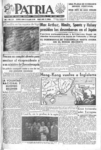 'Patria  : diario de Falange Española Tradicionalista y de las J.O.N.S.' - Año X Número 2719  - 1945 Agosto 31
