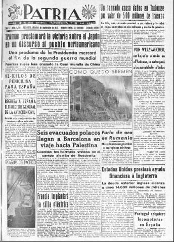 'Patria  : diario de Falange Española Tradicionalista y de las J.O.N.S.' - Año X Número 2720 2ª ed. - 1945 Septiembre 01