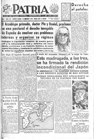 'Patria  : diario de Falange Española Tradicionalista y de las J.O.N.S.' - Año X Número 2721  - 1945 Septiembre 02
