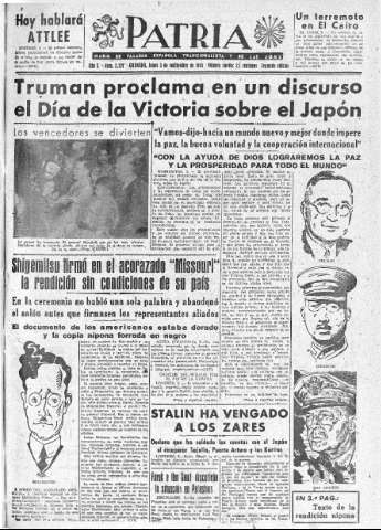 'Patria  : diario de Falange Española Tradicionalista y de las J.O.N.S.' - Año X Número 2721 2ª ed. - 1945 Septiembre 03