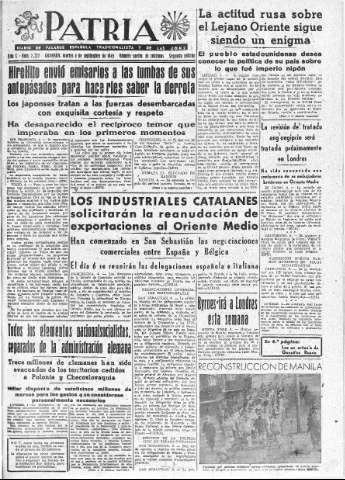 'Patria  : diario de Falange Española Tradicionalista y de las J.O.N.S.' - Año X Número 2722 2ª ed. - 1945 Septiembre 04