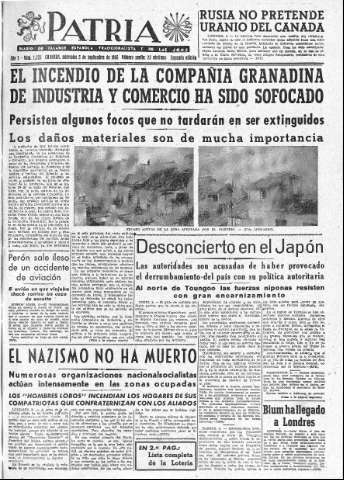 'Patria  : diario de Falange Española Tradicionalista y de las J.O.N.S.' - Año X Número 2723 2ª ed. - 1945 Septiembre 05