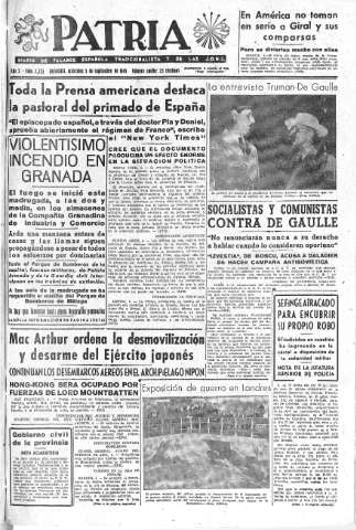 'Patria  : diario de Falange Española Tradicionalista y de las J.O.N.S.' - Año X Número 2723  - 1945 Septiembre 05
