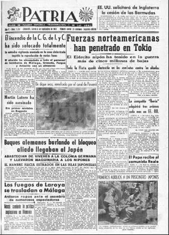 'Patria  : diario de Falange Española Tradicionalista y de las J.O.N.S.' - Año X Número 2724 2ª ed. - 1945 Septiembre 06