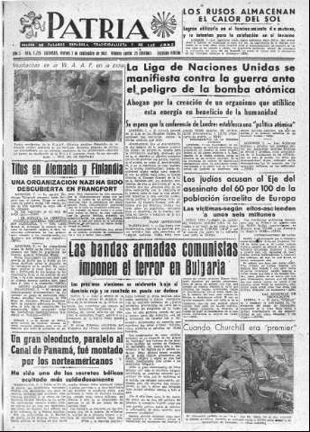 'Patria  : diario de Falange Española Tradicionalista y de las J.O.N.S.' - Año X Número 2725 2ª ed. - 1945 Septiembre 07