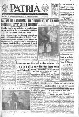 'Patria  : diario de Falange Española Tradicionalista y de las J.O.N.S.' - Año X Número 2726  - 1945 Septiembre 08