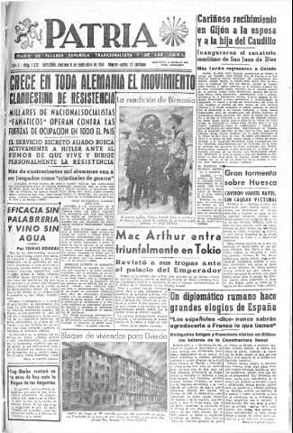 'Patria  : diario de Falange Española Tradicionalista y de las J.O.N.S.' - Año X Número 2727  - 1945 Septiembre 09