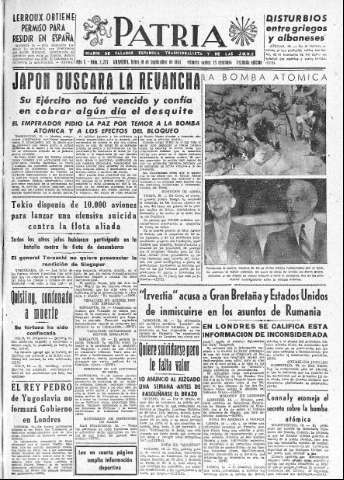 'Patria  : diario de Falange Española Tradicionalista y de las J.O.N.S.' - Año X Número 2727 2ª ed. - 1945 Septiembre 10
