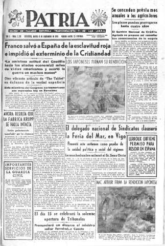 'Patria  : diario de Falange Española Tradicionalista y de las J.O.N.S.' - Año X Número 2728  - 1945 Septiembre 11
