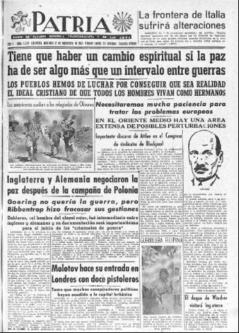 'Patria  : diario de Falange Española Tradicionalista y de las J.O.N.S.' - Año X Número 2729 2ª ed. - 1945 Septiembre 12