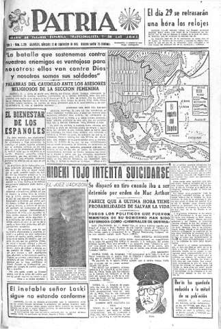 'Patria  : diario de Falange Española Tradicionalista y de las J.O.N.S.' - Año X Número 2729  - 1945 Septiembre 12