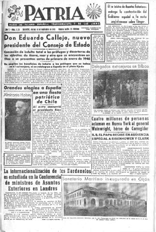 'Patria  : diario de Falange Española Tradicionalista y de las J.O.N.S.' - Año X Número 2731  - 1945 Septiembre 14