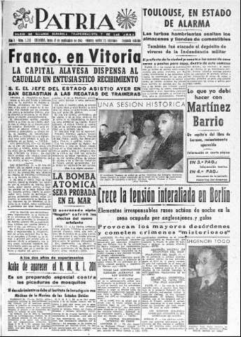 'Patria  : diario de Falange Española Tradicionalista y de las J.O.N.S.' - Año X Número 2733 2ª ed. - 1945 Septiembre 17