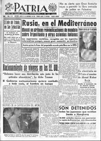 'Patria  : diario de Falange Española Tradicionalista y de las J.O.N.S.' - Año X Número 2734 2ª ed. - 1945 Septiembre 18