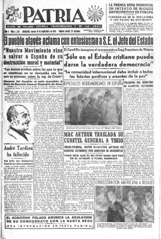 'Patria  : diario de Falange Española Tradicionalista y de las J.O.N.S.' - Año X Número 2734  - 1945 Septiembre 18