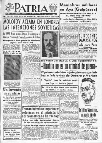 'Patria  : diario de Falange Española Tradicionalista y de las J.O.N.S.' - Año X Número 2735 2ª ed. - 1945 Septiembre 19