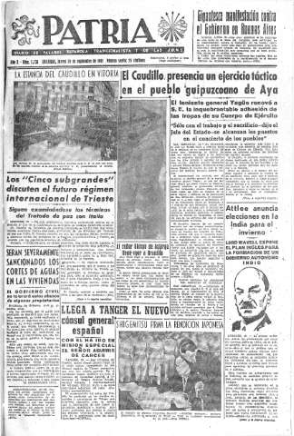 'Patria  : diario de Falange Española Tradicionalista y de las J.O.N.S.' - Año X Número 2736  - 1945 Septiembre 20