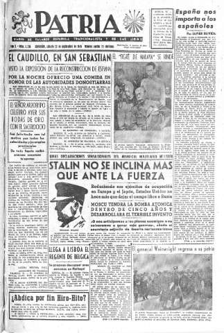 'Patria  : diario de Falange Española Tradicionalista y de las J.O.N.S.' - Año X Número 2738  - 1945 Septiembre 22