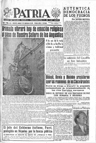 'Patria  : diario de Falange Española Tradicionalista y de las J.O.N.S.' - Año X Número 2739  - 1945 Septiembre 23