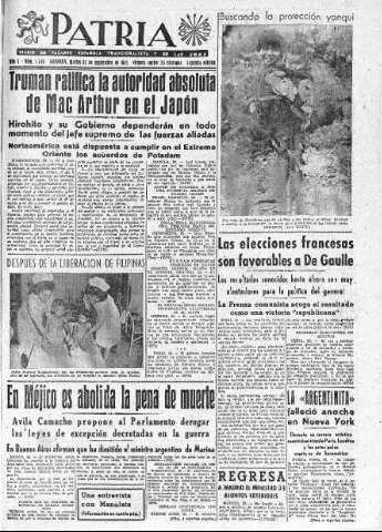 'Patria  : diario de Falange Española Tradicionalista y de las J.O.N.S.' - Año X Número 2740 2ª ed. - 1945 Septiembre 25