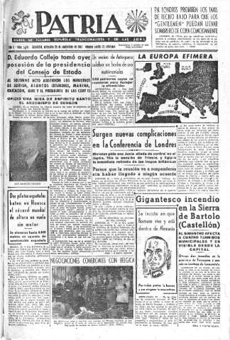 'Patria  : diario de Falange Española Tradicionalista y de las J.O.N.S.' - Año X Número 2741  - 1945 Septiembre 26