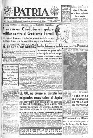 'Patria  : diario de Falange Española Tradicionalista y de las J.O.N.S.' - Año X Número 2742  - 1945 Septiembre 27