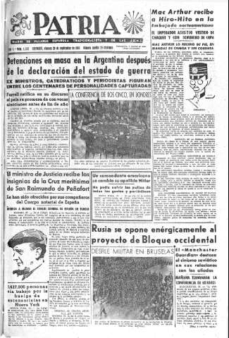 'Patria  : diario de Falange Española Tradicionalista y de las J.O.N.S.' - Año X Número 2743  - 1945 Septiembre 28