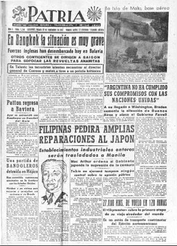 'Patria  : diario de Falange Española Tradicionalista y de las J.O.N.S.' - Año X Número 2744 2ª ed. - 1945 Septiembre 29