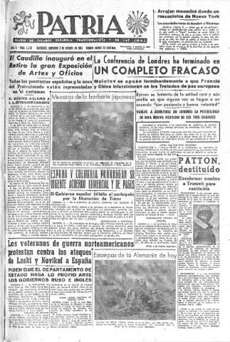 'Patria  : diario de Falange Española Tradicionalista y de las J.O.N.S.' - Año X Número 2747  - 1945 Octubre 03