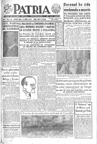 'Patria  : diario de Falange Española Tradicionalista y de las J.O.N.S.' - Año X Número 2748  - 1945 Octubre 04