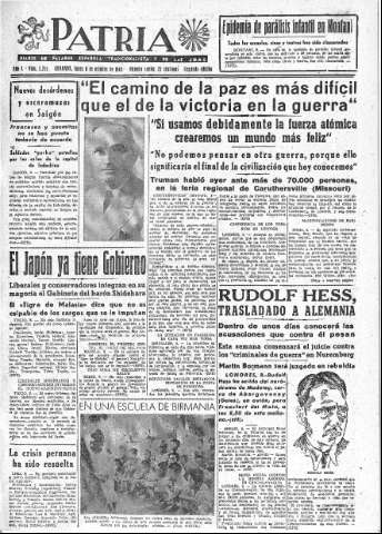 'Patria  : diario de Falange Española Tradicionalista y de las J.O.N.S.' - Año X Número 2751 2ª ed. - 1945 Octubre 08