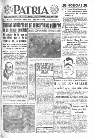 'Patria  : diario de Falange Española Tradicionalista y de las J.O.N.S.' - Año X Número 2752  - 1945 Octubre 09