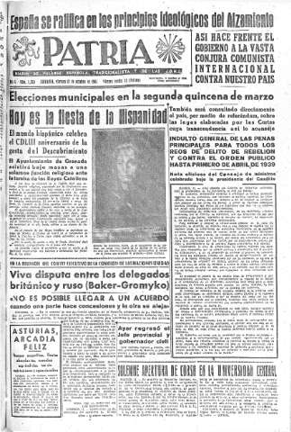 'Patria  : diario de Falange Española Tradicionalista y de las J.O.N.S.' - Año X Número 2755  - 1945 Octubre 12