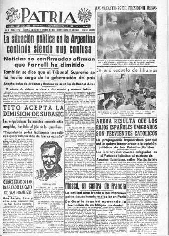 'Patria  : diario de Falange Española Tradicionalista y de las J.O.N.S.' - Año X Número 2756 2ª ed. - 1945 Octubre 13