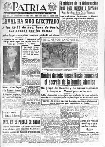 'Patria  : diario de Falange Española Tradicionalista y de las J.O.N.S.' - Año X Número 2757 2ª ed. - 1945 Octubre 15