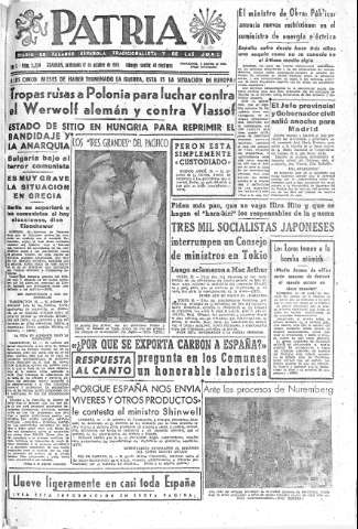 'Patria  : diario de Falange Española Tradicionalista y de las J.O.N.S.' - Año X Número 2759  - 1945 Octubre 17