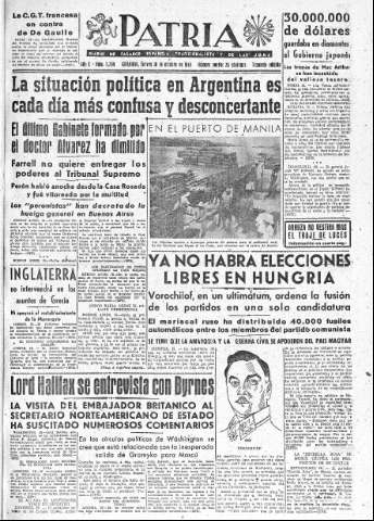 'Patria  : diario de Falange Española Tradicionalista y de las J.O.N.S.' - Año X Número 2760 2ª ed. - 1945 Octubre 18