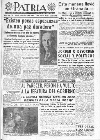 'Patria  : diario de Falange Española Tradicionalista y de las J.O.N.S.' - Año X Número 2761 2ª ed. - 1945 Octubre 19