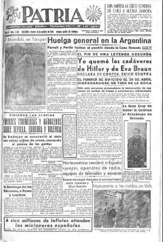 'Patria  : diario de Falange Española Tradicionalista y de las J.O.N.S.' - Año X Número 2761  - 1945 Octubre 19