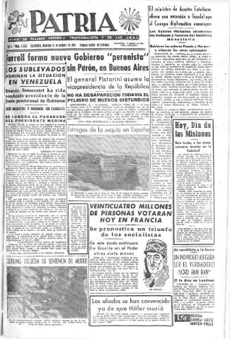 'Patria  : diario de Falange Española Tradicionalista y de las J.O.N.S.' - Año X Número 2763  - 1945 Octubre 21