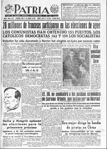 'Patria  : diario de Falange Española Tradicionalista y de las J.O.N.S.' - Año X Número 2763 2ª ed. - 1945 Octubre 22