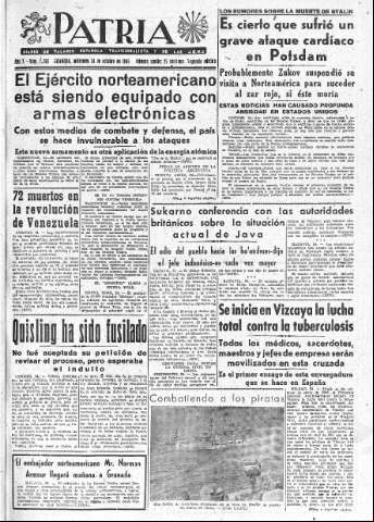 'Patria  : diario de Falange Española Tradicionalista y de las J.O.N.S.' - Año X Número 2765 2ª ed. - 1945 Octubre 24